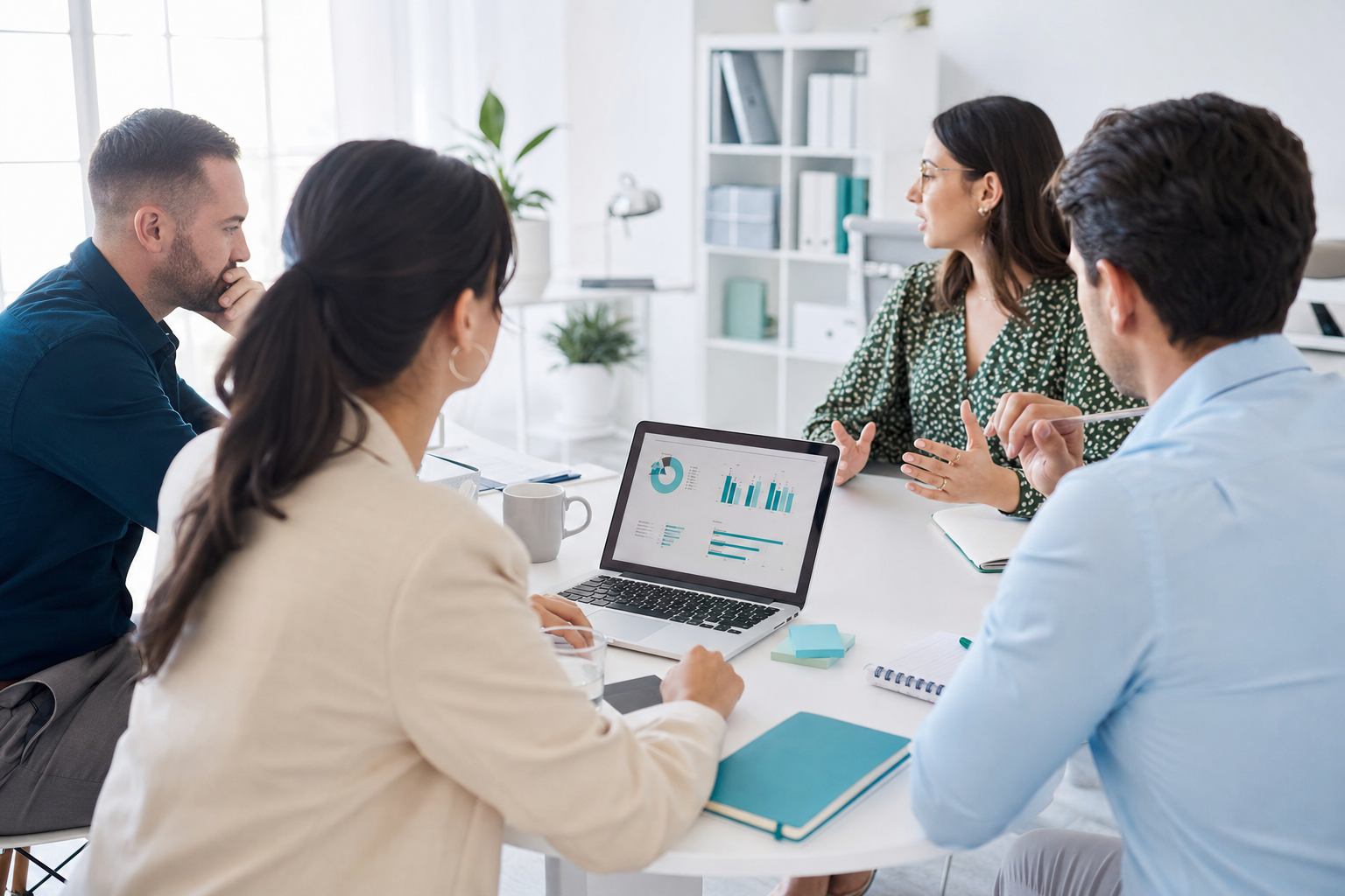 Marketing team collaborating in a bright modern office